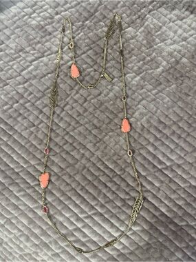 Authentic Kendra Scott Kinly Gold-Tone Long Necklace with Coral Pink Stones